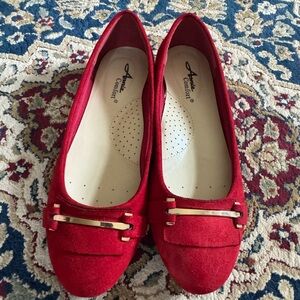 Red Suede Ballet Flats with Bow Detail